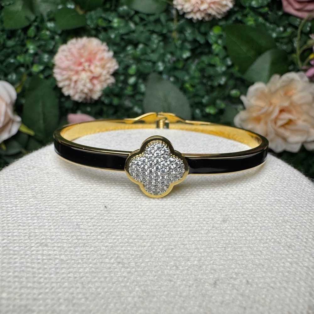 Gold and Black Clover Pavé Bangle Bracelet